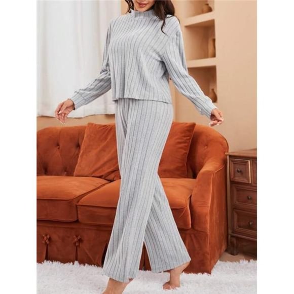 Women's Solid Color Stand Collar Knitted Ribbed Loungewear Set - Picture 4 of 7